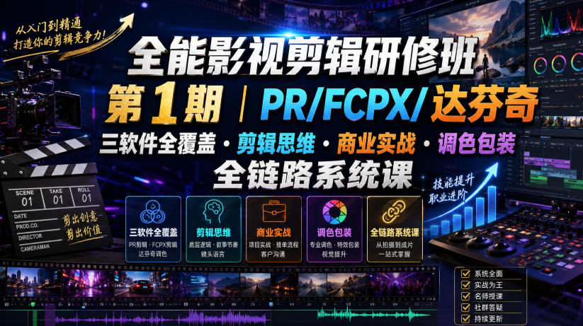 全能影视剪辑研修班第1期｜PR/FCPX/达芬奇三软件全覆盖・剪辑思维・商业实战・调色包装全链路系统课-网创之家