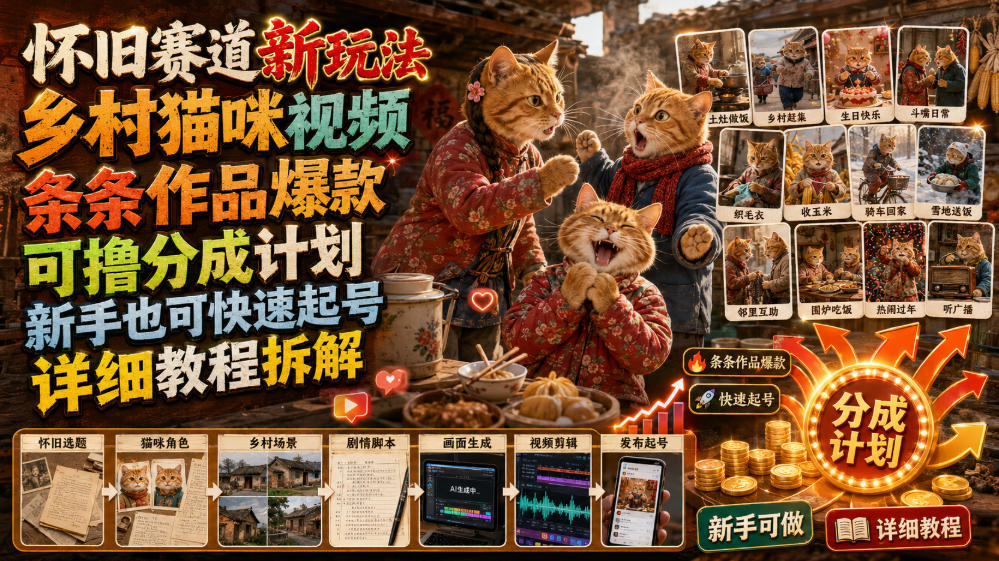 怀旧赛道新玩法，乡村猫咪视频，条条作品爆款，可撸分成计划，新手也可快速起号，详细教程拆解-网创之家