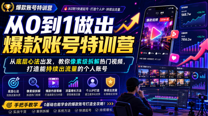 从0到1做出爆款账号特训营，从底层心法出发，教你像素级拆解热门视频，打造能持续出流量的个人账号-网创之家
