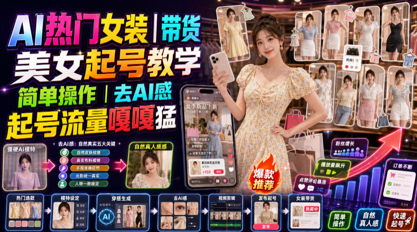 AI热门女装带货丨美女起号教学，简单操作，去AI感，起号流量嘎嘎猛-网创之家