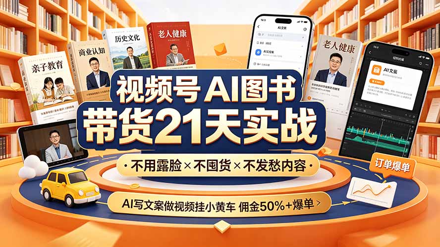 视频号AI图书带货21天实战：不用露脸×不囤货×不发愁内容，AI写文案做视频挂小黄车，佣金50%+爆单-网创之家