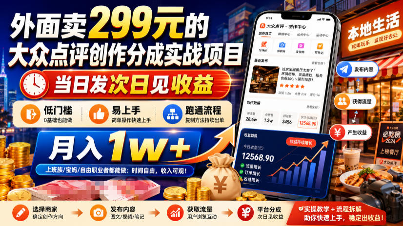 外面卖299元的大众点评创作分成实战项目，当日发次日见收益，低门槛易上手，跑通流程月入1w+-网创之家