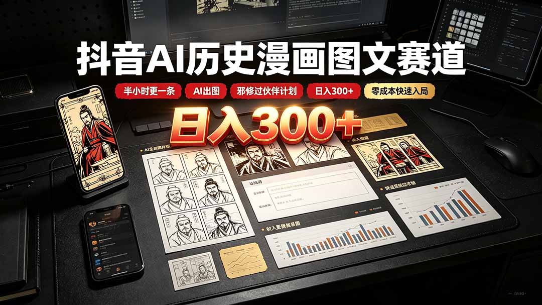 抖音AI历史漫画图文赛道：半小时更一条×AI出图×邪修过伙伴计划×日入300+，零成本快速入局-网创之家