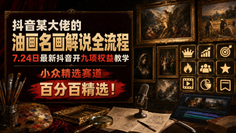 抖音某大佬的油画名画解说全流程，7.24日最新抖音开九项权益教学，小众精选赛道，百分百精选！-网创之家