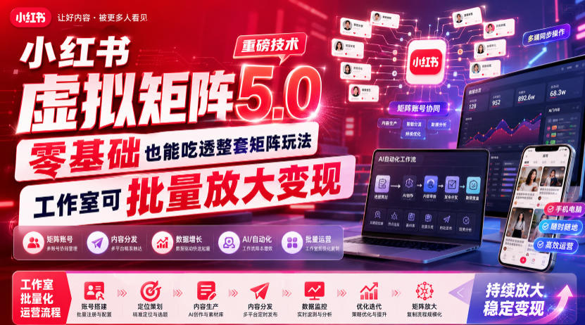 小红书虚拟矩阵5.0重磅技术，零基础也能吃透整套矩阵玩法，工作室可批量放大变现-网创之家