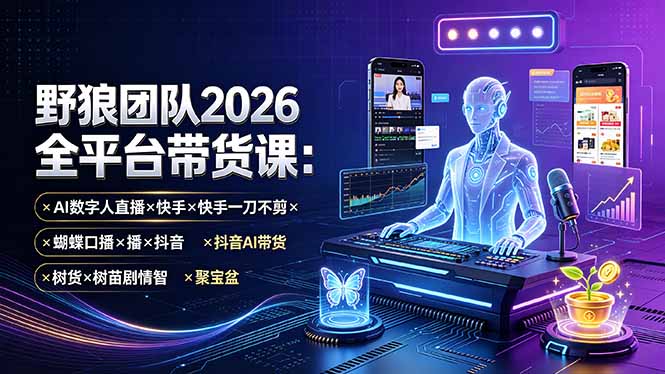 野狼团队2026全平台带货课-7月：AI数字人直播×快手一刀不剪×蝴蝶口播×抖音AI带货×树苗剧情智剪×聚宝盆-网创之家