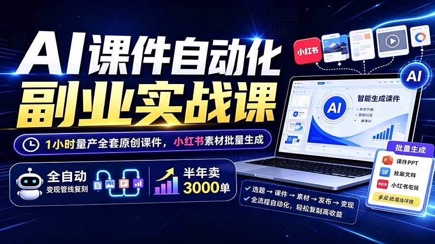 AI课件自动化副业实战课：1小时量产全套原创课件×小红书素材批量生成×全自动变现管线×半年卖3000单-网创之家