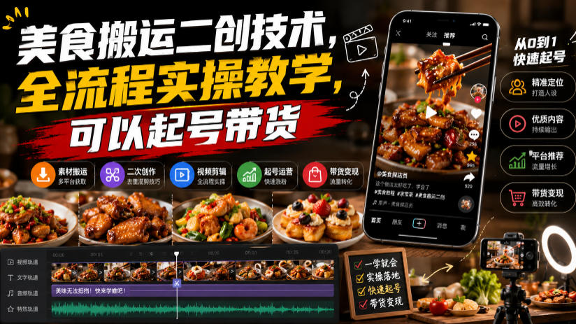 美食搬运二创技术，全流程实操教学，可以起号带货-网创之家