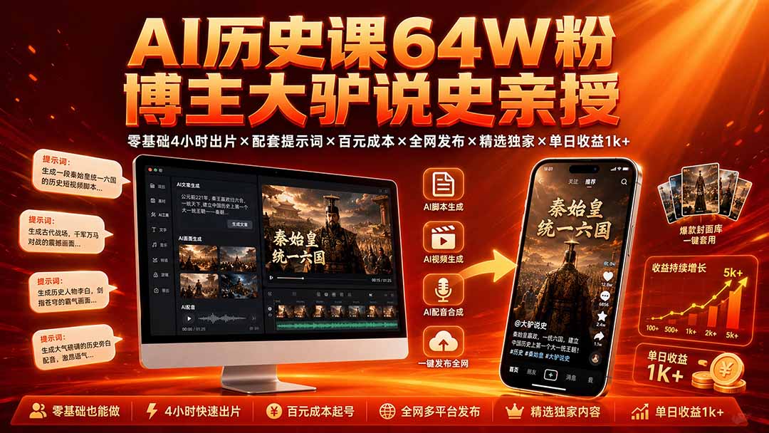 AI历史课64W粉博主大驴说史亲授：零基础4小时出片×配套提示词×百元成本×全网发布×精选独家×单日收益1k+-网创之家