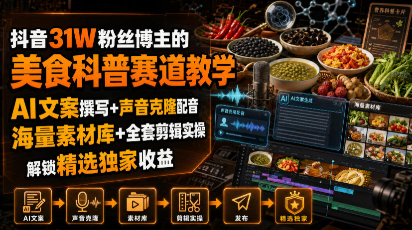 抖音31W粉丝博主的美食科普赛道教学，AI文案撰写+声音克隆配音+剪辑实操，解锁精选独家收益-网创之家