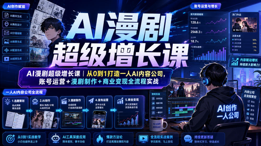 AI漫剧超级增长课｜从0到1打造一人AI内容公司，账号运营+漫剧制作+商业变现全流程实战-网创之家