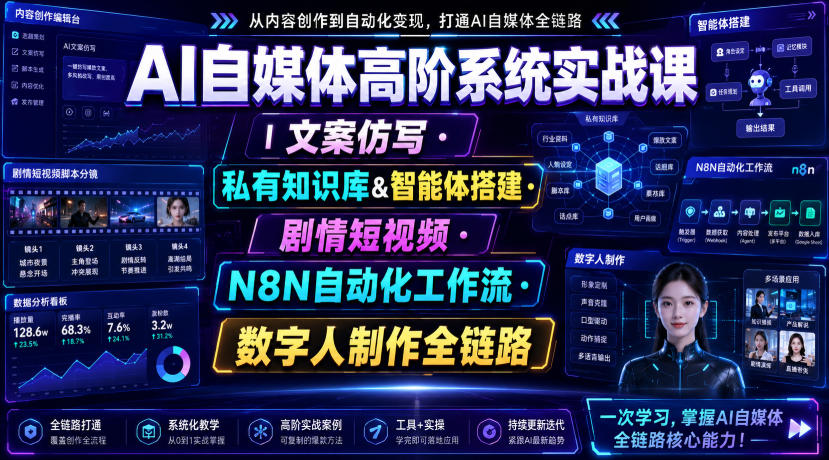 AI自媒体高阶系统实战课｜文案仿写・私有知识库&智能体搭建・剧情短视频・N8N自动化工作流・数字人制作全链路-网创之家