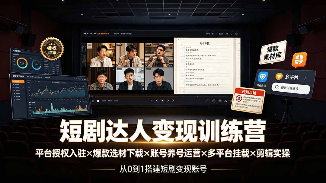 短剧达人变现训练营：平台授权入驻×爆款选材下载×账号养号运营×多平台挂载×剪辑实操×违规处理全流程-网创之家