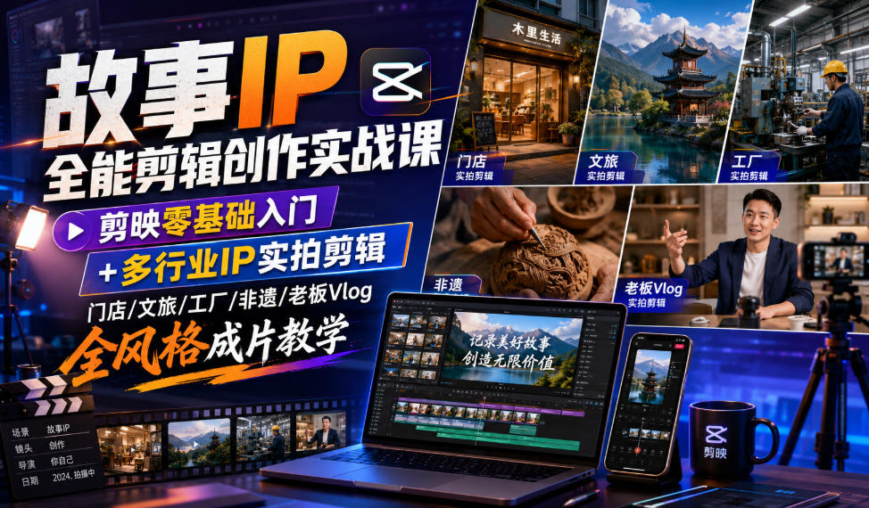 故事IP全能剪辑创作实战课｜剪映零基础入门+多行业IP实拍剪辑，门店/文旅/工厂/非遗/老板Vlog全风格成片教学-网创之家