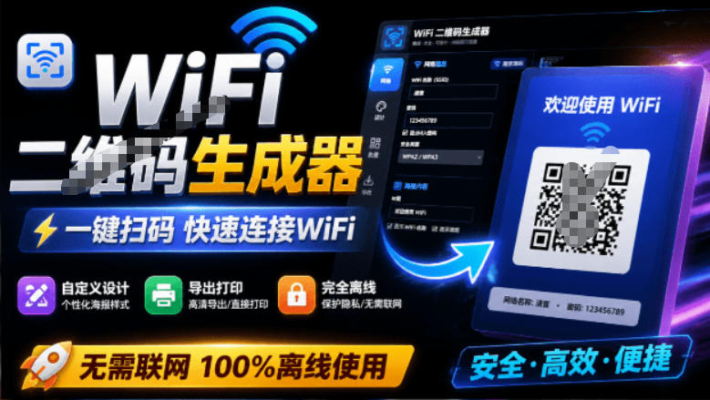 完全离线使用！WiFi二维码生成器，一键扫码快速连接WiFi，支持自定义风格导出WiFi二维码生成器-网创之家