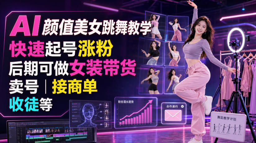 AI颜值美女跳舞教学，快速起号涨粉，后期可做女装带货，卖号，接商单，收徒等-网创之家