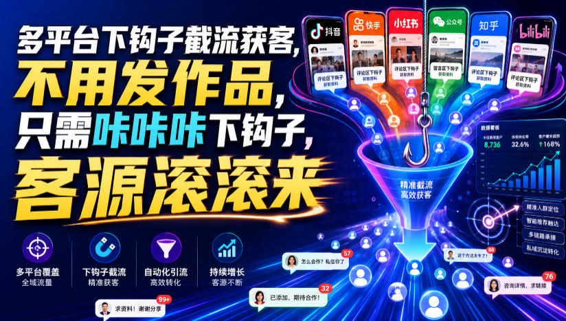 多平台下钩子截流获客，不用发作品，只需咔咔咔下钩子，客源滚滚来-网创之家