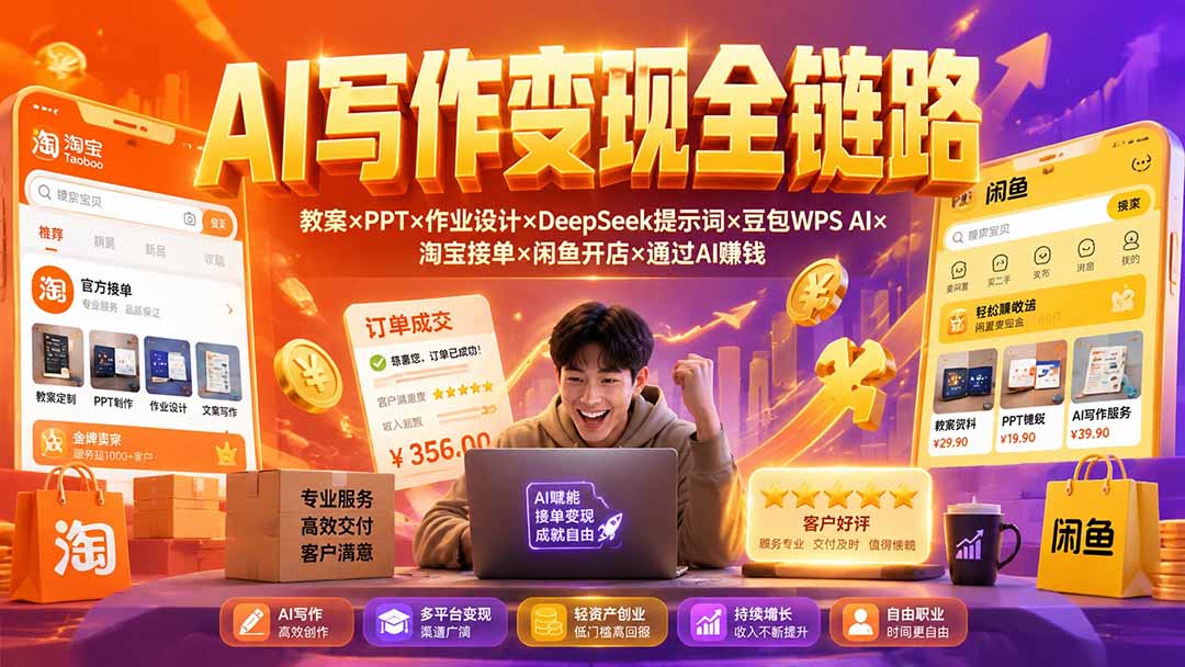 2026AI写作变现全链路：教案×PPT×作业设计×DeepSeek提示词×豆包WPS AI×淘宝接单×闲鱼开店×通过AI賺钱-网创之家