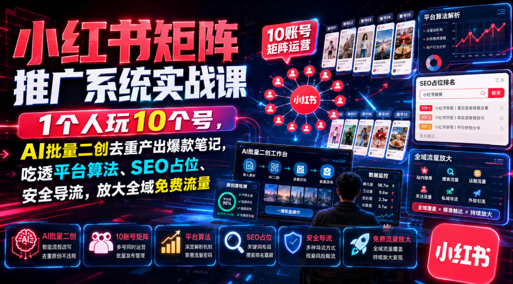 小红书矩阵推广系统实战课｜1个人玩10个号，AI批量二创去重产出爆款笔记，吃透平台算法、SEO占位、安全导流，放大全域免费流量-网创之家
