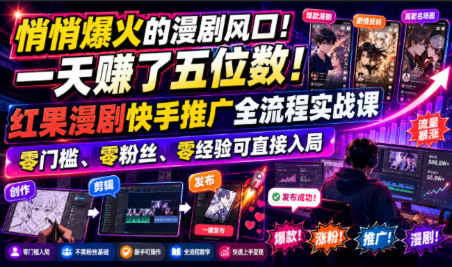 悄悄爆火的漫剧风口！一天賺了五位数！红果漫剧快手推广全流程实战课，零门槛、零粉丝、零经验可直接入局-网创之家