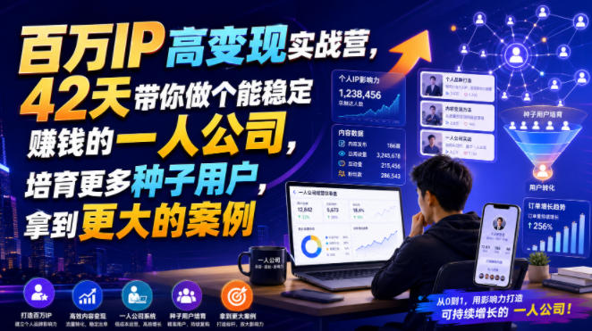 百万IP高变现实战营，42天带你做个能稳定賺钱的一人公司，培育更多种子用户，拿到更大的案例-网创之家