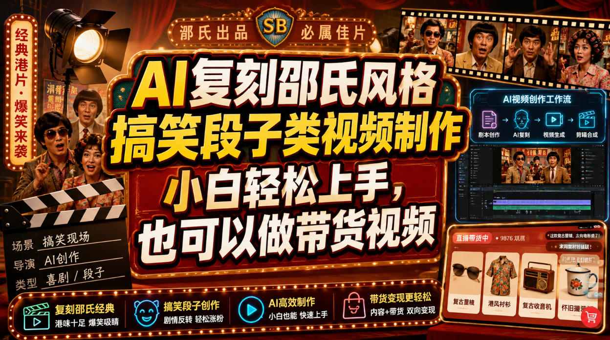 AI复刻邵氏风格搞笑段子类视频制作，小白轻松上手，也可以做带货视频-网创之家