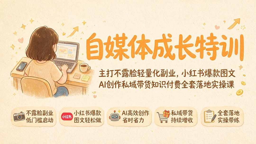 自媒体成长特训｜主打不露脸轻量化副业，小红书爆款图文AI创作私域带货知识付费全套落地实操课-网创之家