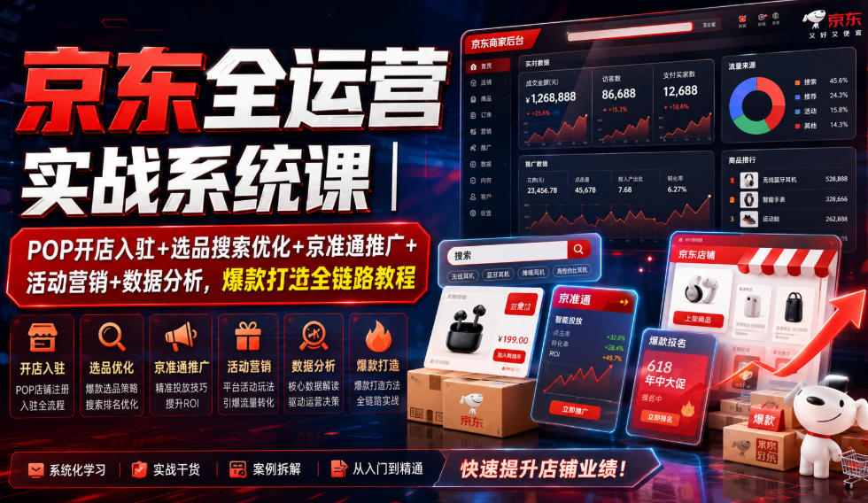 京东全运营实战系统课｜POP开店入驻+选品搜索优化+京准通推广+活动营销+数据分析，爆款打造全链路教程-网创之家