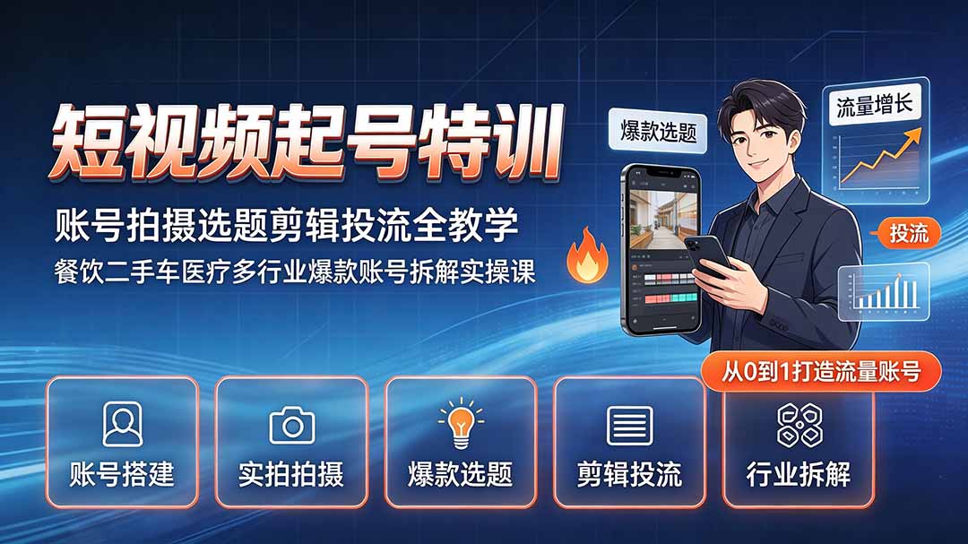 短视频起号特训｜账号拍摄选题剪辑投流全教学，餐饮二手车医疗多行业爆款账号拆解实操课-网创之家