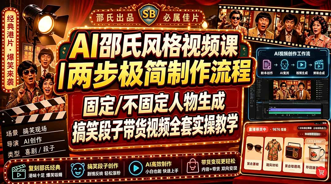 AI邵氏风格视频课｜两步极简制作流程，固定/不固定人物生成，搞笑段子带货视频全套实操教学-网创之家