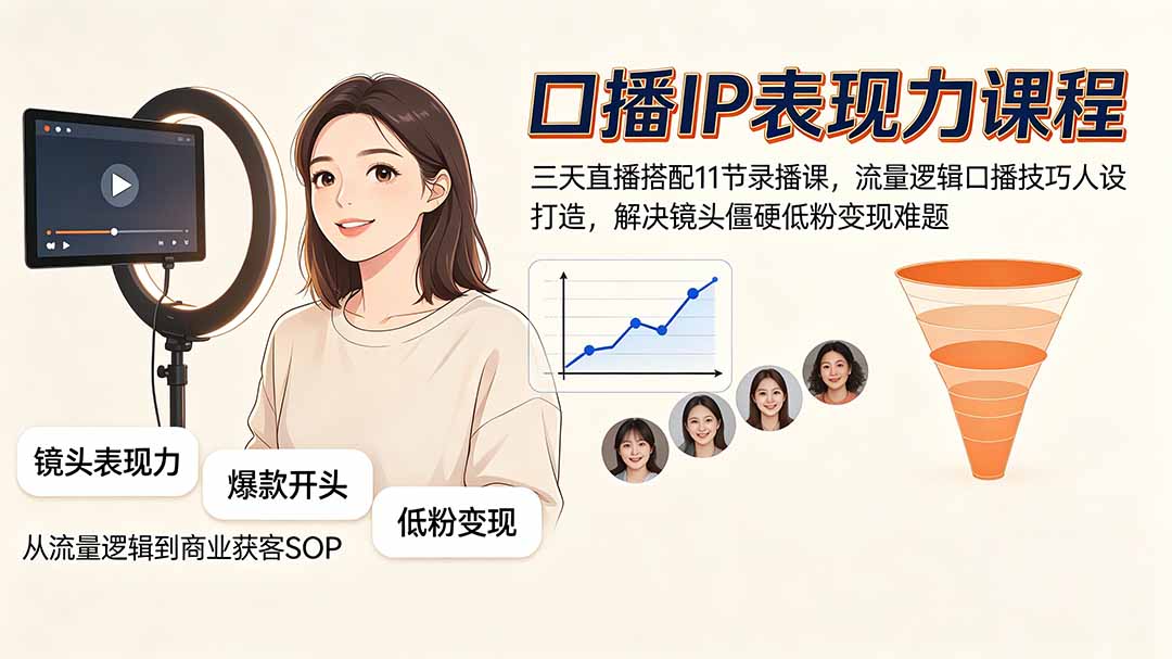 口播IP表现力课程｜三天直播搭配11节录播课，流量逻辑口播技巧人设打造，解决镜头僵硬低粉变现难题-网创之家