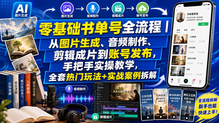 零基础书单号全流程｜从图片生成、音频制作、剪辑成片到账号发布，手把手实操教学，全套热门玩法+实战案例拆解-网创之家
