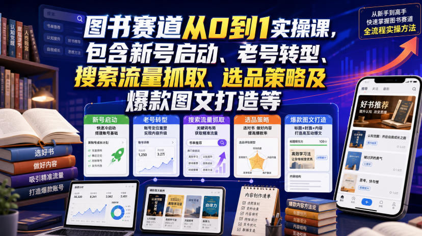 图书赛道从0到1实操课，包含新号启动、老号转型、搜索流量抓取、选品策略及爆款图文打造等-网创之家