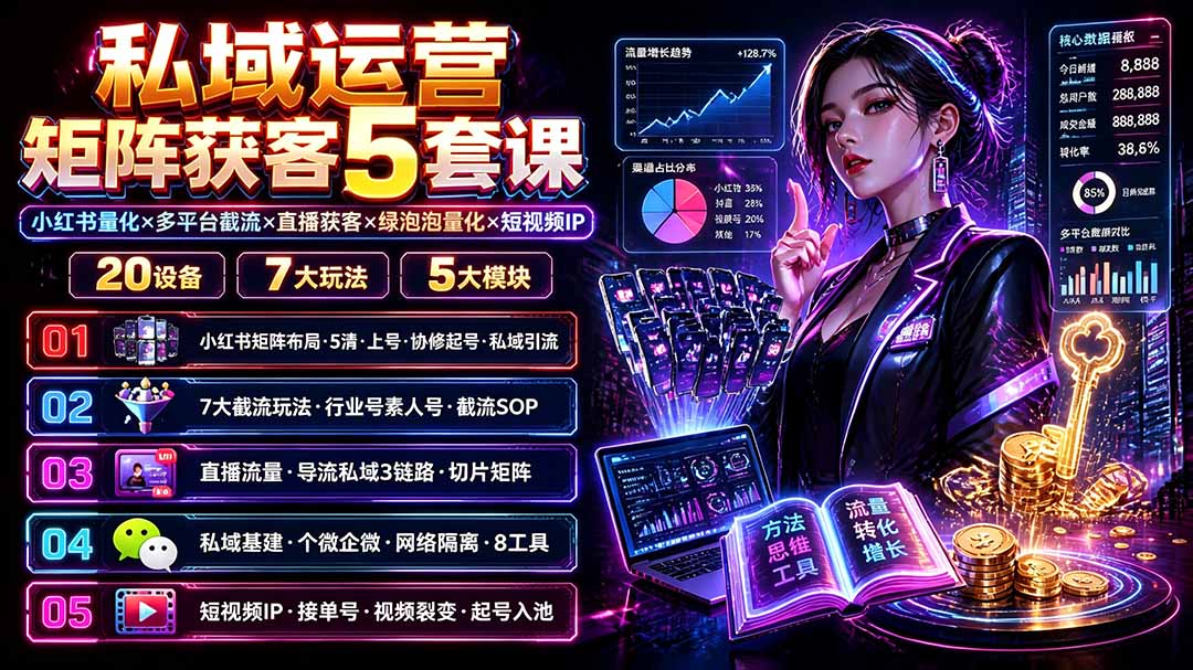 私域运营矩阵获客5套课：小红书量化×多平台截流×直播获客×绿泡泡量化×短视频IP×20设备×7大玩法-网创之家