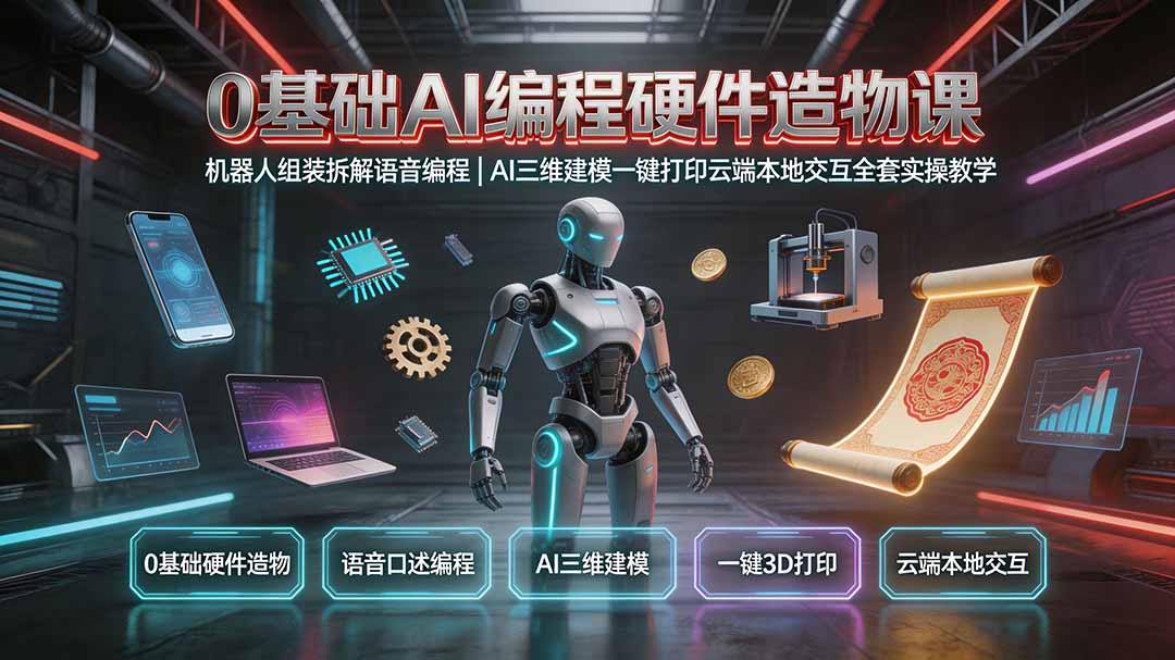 0基础AI编程硬件造物课｜机器人组装拆解语音编程，AI三维建模一键打印云端本地交互全套实操教学-网创之家