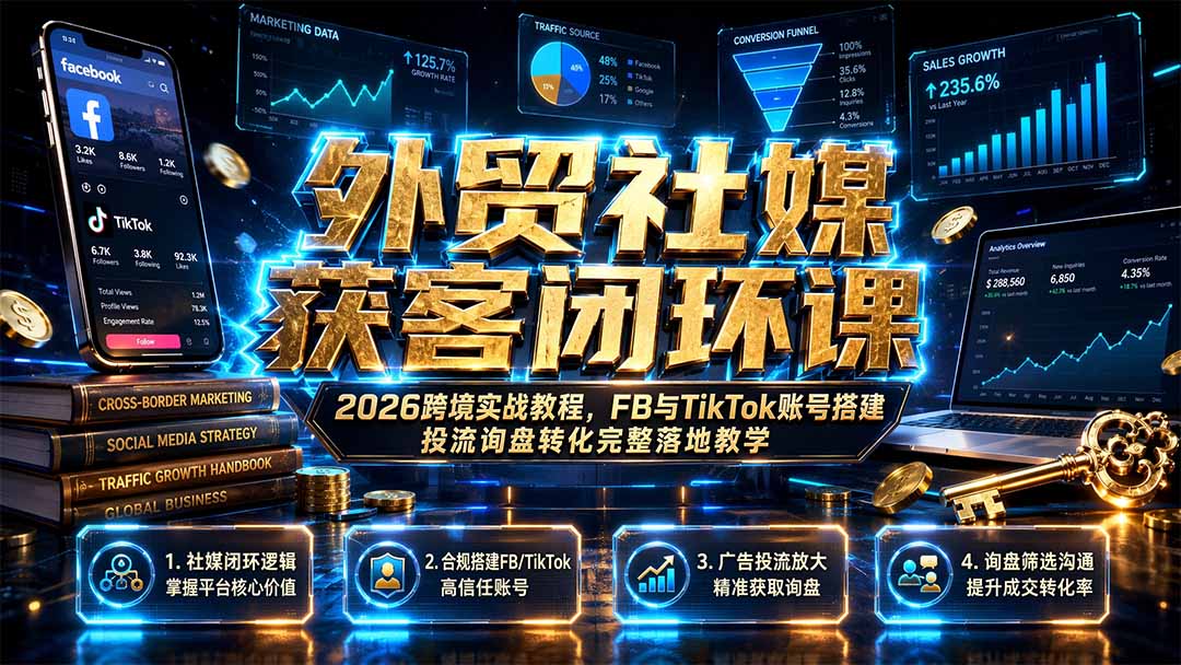外贸社媒获客闭环课｜2026跨境实战教程，FB与TikTok账号搭建投流询盘转化完整落地教学-网创之家