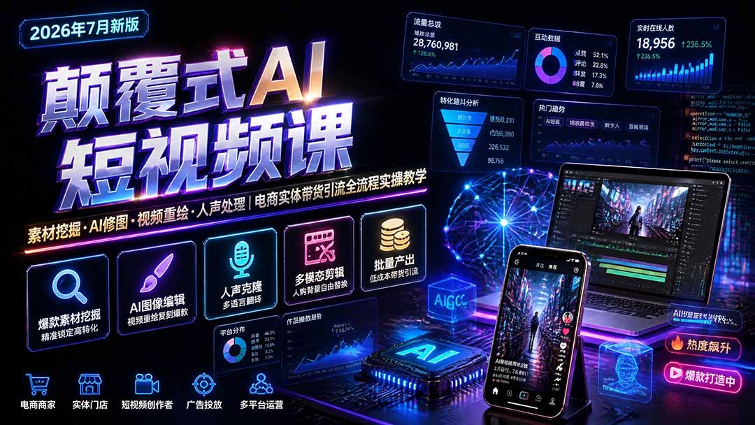 颠覆式AI短视频课｜素材挖掘，AI修图，视频重绘，人声处理｜电商实体带货引流全流程实操教学-网创之家