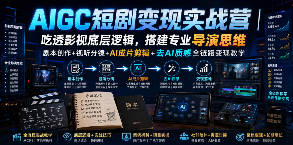 AIGC短剧变现实战营｜吃透影视底层逻辑，搭建专业导演思维，剧本创作+视听分镜+AI成片剪辑+去AI质感全链路变现教学-网创之家