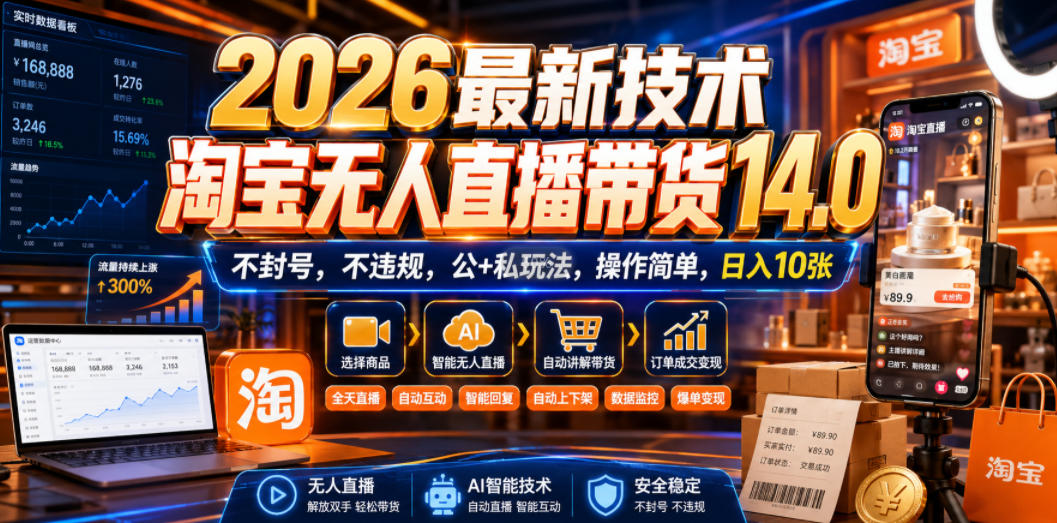 2026最新技术，淘宝无人直播带货14.0，不封号，不违规，公+私玩法，操作简单，日入10张【揭秘】-网创之家