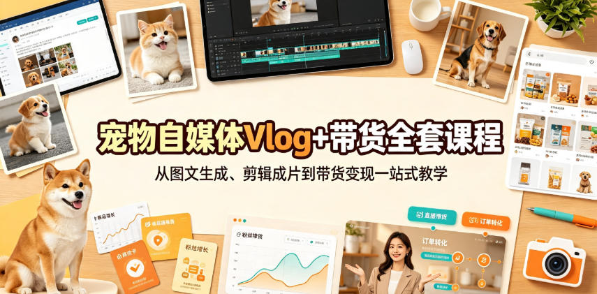 宠物自媒体Vlog+带货全套课程｜从图文生成、剪辑成片到带货变现一站式教学-网创之家