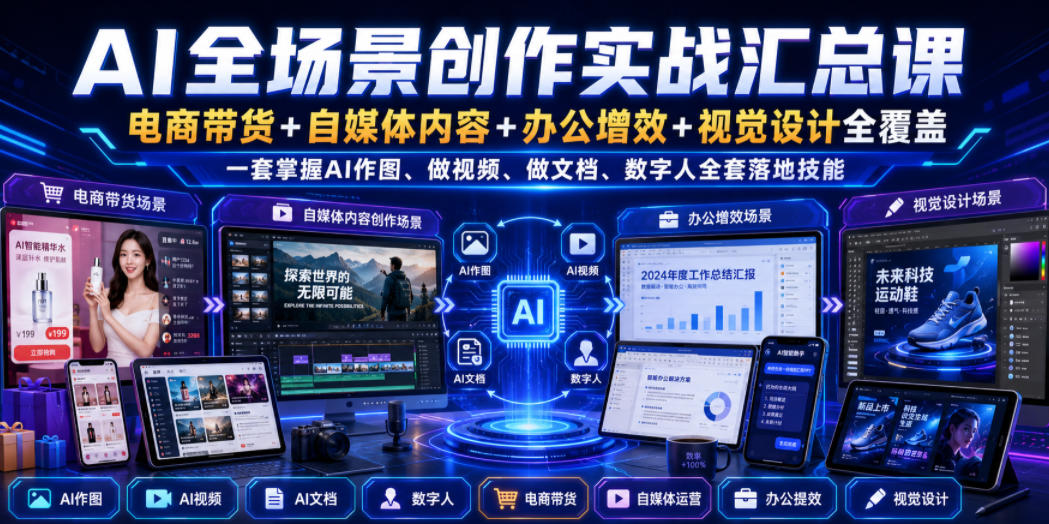 AI全场景创作实战汇总课｜电商带货+自媒体内容+办公增效+视觉设计全覆盖，一套掌握AI作图、做视频、做文档、数字人全套落地技能-网创之家