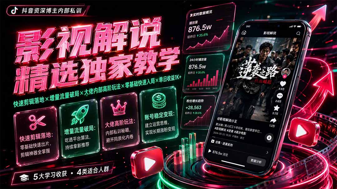 影视解说精选独家教学：快速剪辑落地×增量流量破局×大佬内部高阶玩法×零基础快速入局×单日收益1K+-网创之家