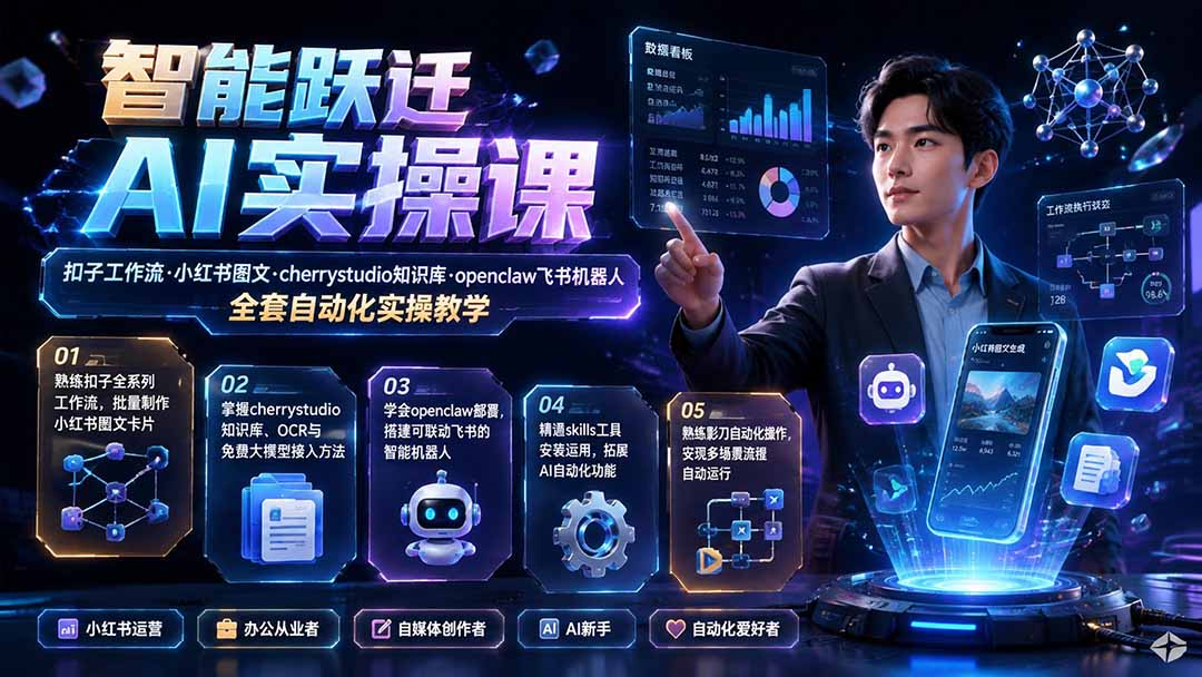 智能跃迁 AI实操课｜扣子工作流小红书图文搭建，cherrystudio知识库openclaw飞书机器人全套自动化实操教学-网创之家