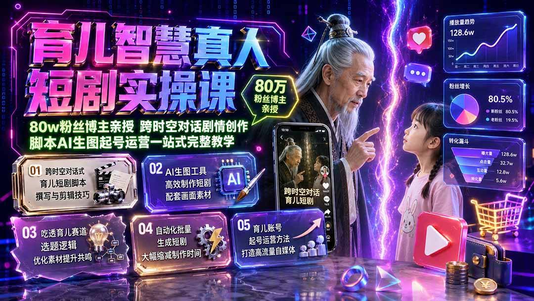 育儿智慧真人短剧实操课｜80w粉丝博主亲授，跨时空对话剧情创作，脚本AI生图起号运营一站式完整教学-网创之家