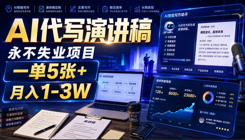 AI代写演讲稿，永不失业项目，一单5张+，月入1-3W【揭秘】-网创之家