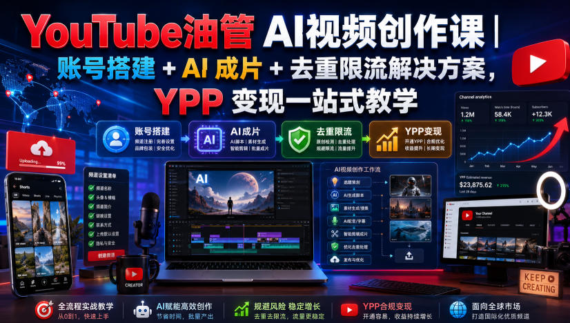 YouTube油管AI视频创作课｜账号搭建+AI成片+去重限流解决方案，YPP变现一站式教学-网创之家