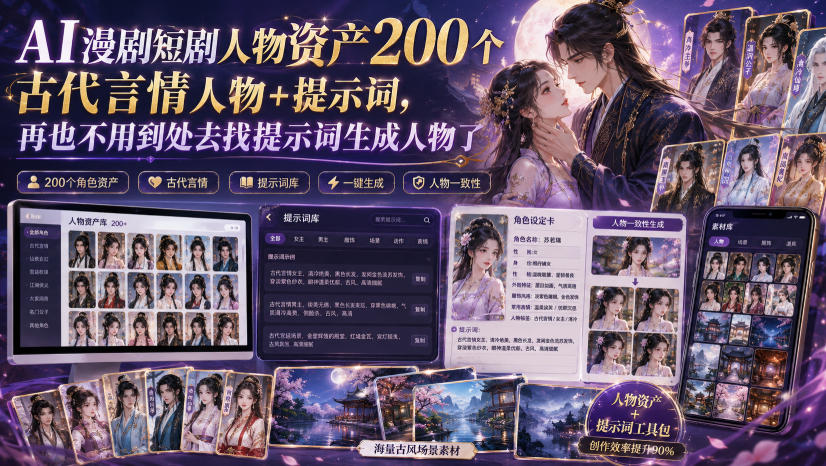 AI漫剧短剧人物资产200个古代言情人物+提示词，再也不用到处去找提示词生成人物了-网创之家