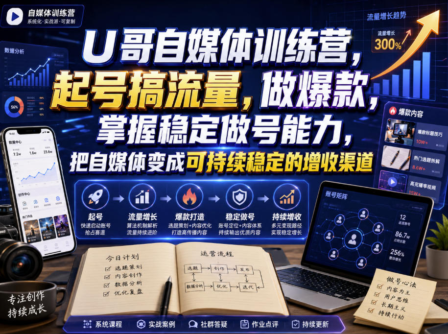 U哥自媒体训练营，起号搞流量，做爆款，掌握稳定做号能力，把自媒体变成可持续稳定的增收渠道-网创之家