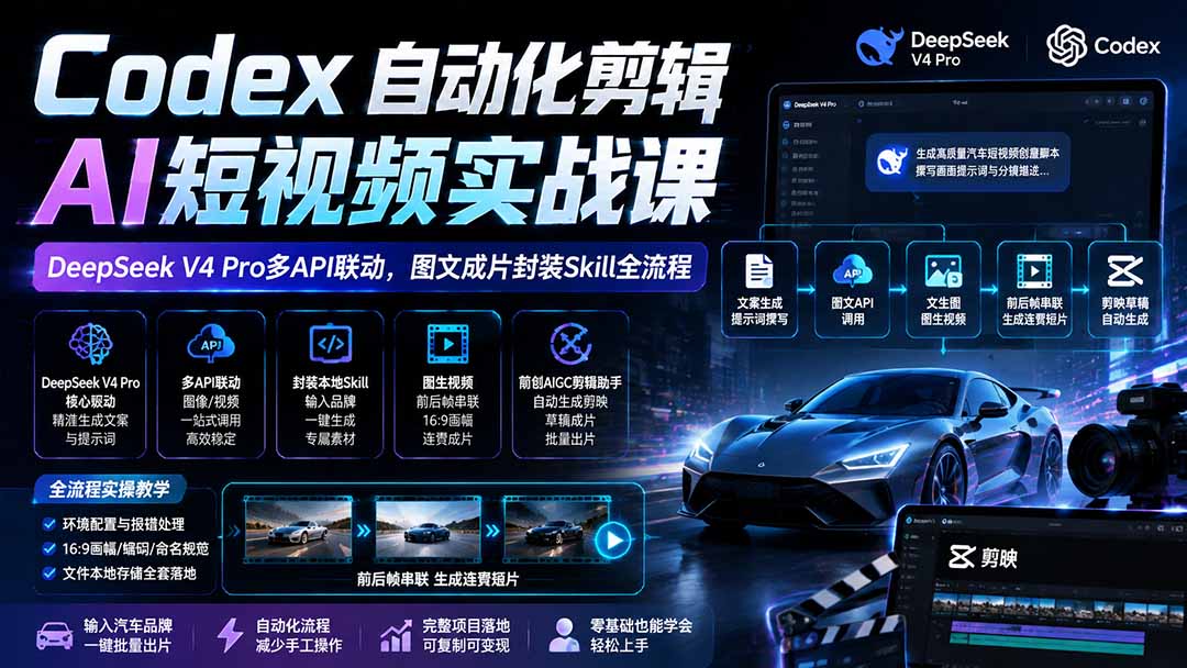 Codex自动化剪辑AI短视频实战课｜DeepSeek V4 Pro多API联动，图文成片封装Skill全流程-网创之家