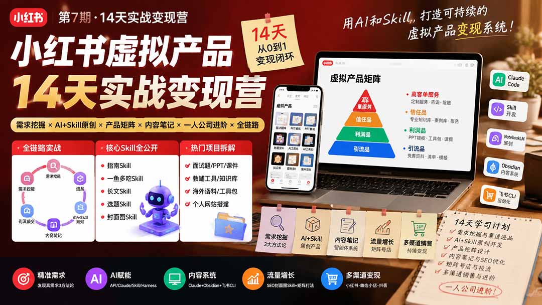 小红书虚拟产品14天实战变现营-第7期：需求挖掘×AI+Skill原创×产品矩阵×内容笔记×一人公司进阶×全链路-网创之家